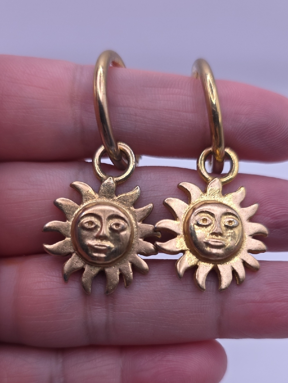 Vintage Gold Sun Face Hoop Drop Earrings